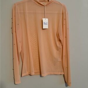 Mock neck Sheer Long Sleeve Blouse Mesh soft peach coral tones  beaded sleeves